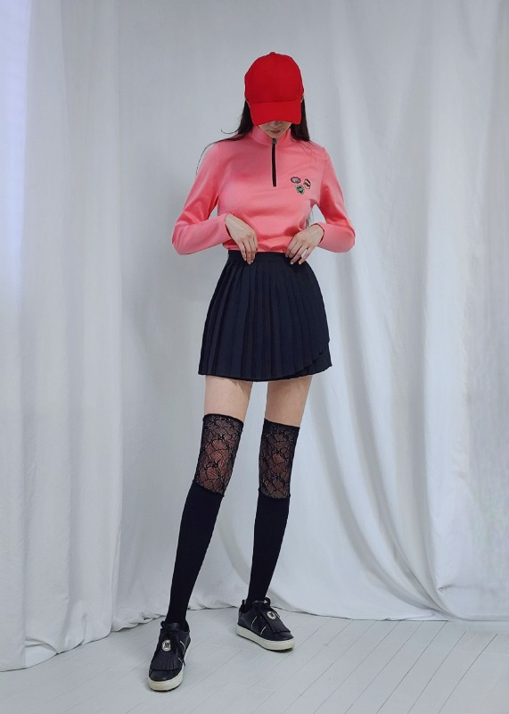 여성 투톤밴드 포인트 하프집업 긴팔 티셔츠_PINK